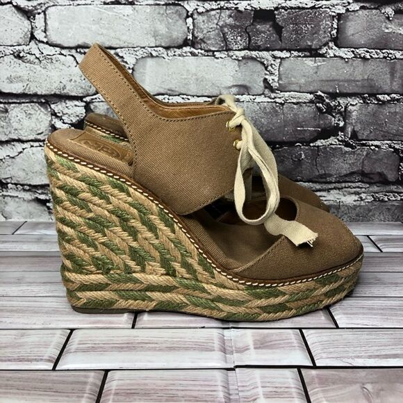 Tory Burch Brown Canvas Textile Green Tan Espadrilles Wedge Women Sz 10M US/41EU - Picture 1 of 16
